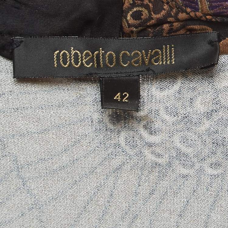 Pre Owned Roberto Cavalli Brown Floral Print Knit Mink Fur Trimmed Top M