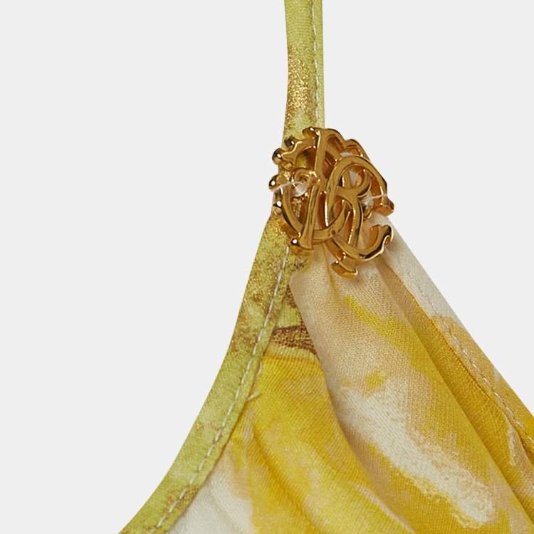 Pre Owned Roberto Cavalli Yellow Floral Print Silk Tie-Up Detail Top M