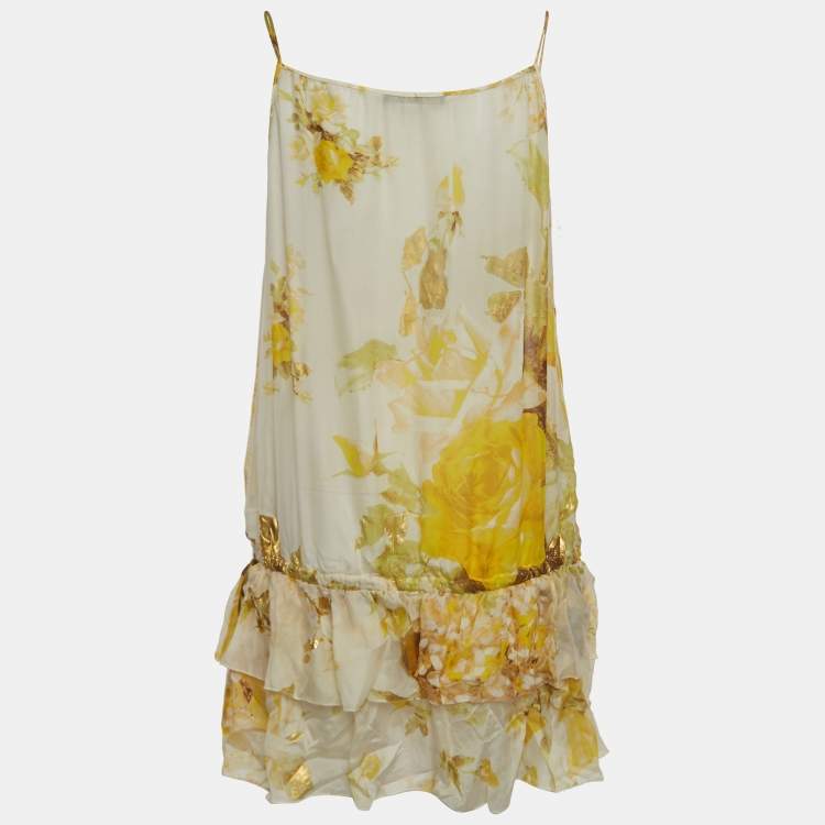 Pre Owned Roberto Cavalli Yellow Floral Print Silk Tie-Up Detail Top M