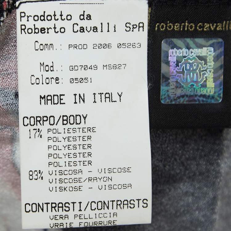 مملوكة مسبقًا Roberto Cavalli Multicolor Print Crepe Mink Fur Trimmed Short Sleeve Top M