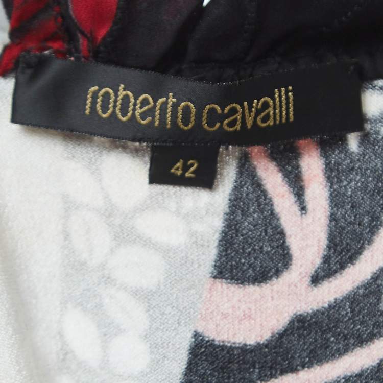 مملوكة مسبقًا Roberto Cavalli Multicolor Print Crepe Mink Fur Trimmed Short Sleeve Top M