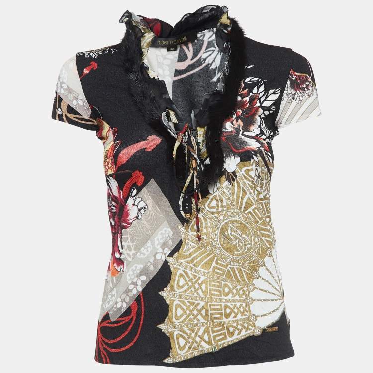 مملوكة مسبقًا Roberto Cavalli Multicolor Print Crepe Mink Fur Trimmed Short Sleeve Top M