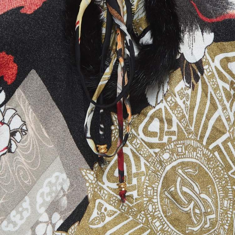 مملوكة مسبقًا Roberto Cavalli Multicolor Print Crepe Mink Fur Trimmed Short Sleeve Top M