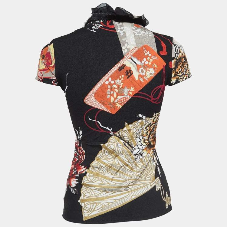 مملوكة مسبقًا Roberto Cavalli Multicolor Print Crepe Mink Fur Trimmed Short Sleeve Top M