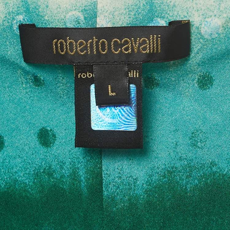 Pre Owned Roberto Cavalli Blue Printed Silk Asymmetric Aqua Dress L
