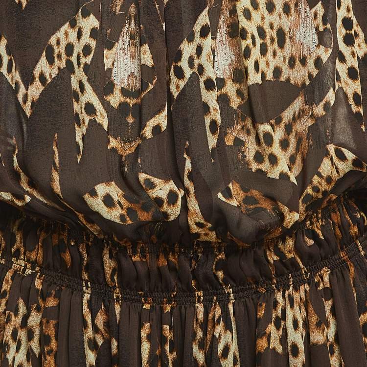 Pre Owned Roberto Cavalli Brown Animal Print Silk Ruffled Mini Dress L