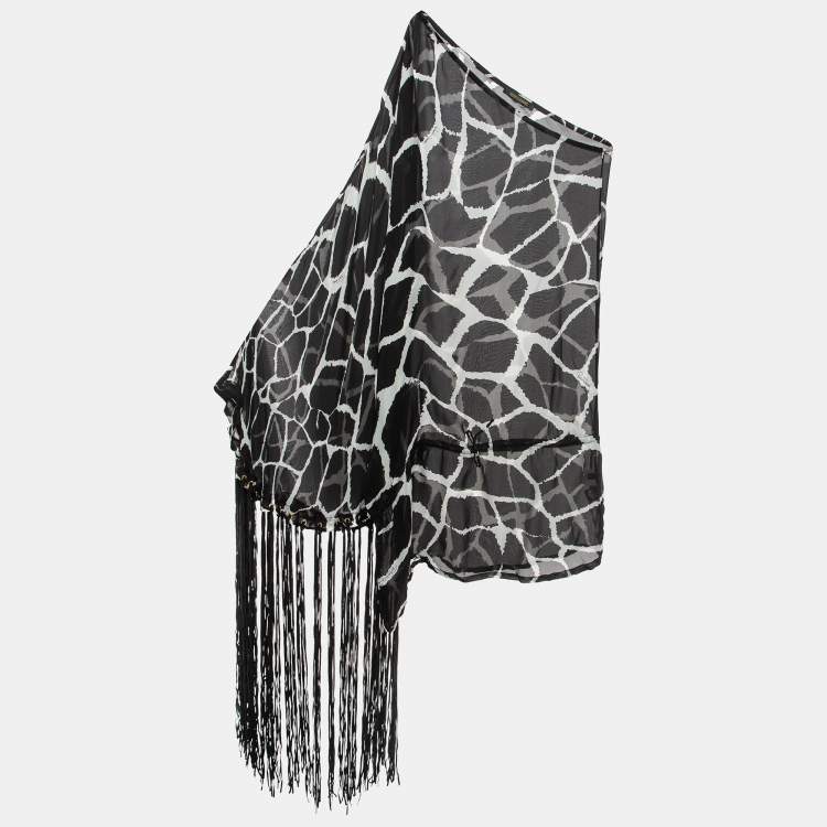 Pre Owned Roberto Cavalli Black Giraffe Print Silk Tasseled One-Shoulder Dress L