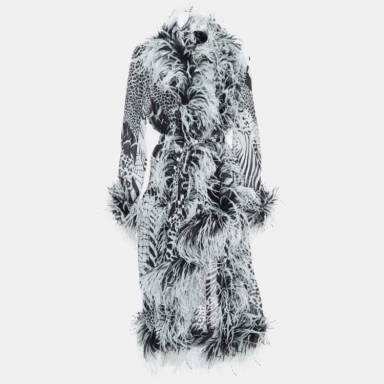 Pre Owned Roberto Cavalli Black/White Ostrich Feather Trimmed Silk Midi Wrap Dress M