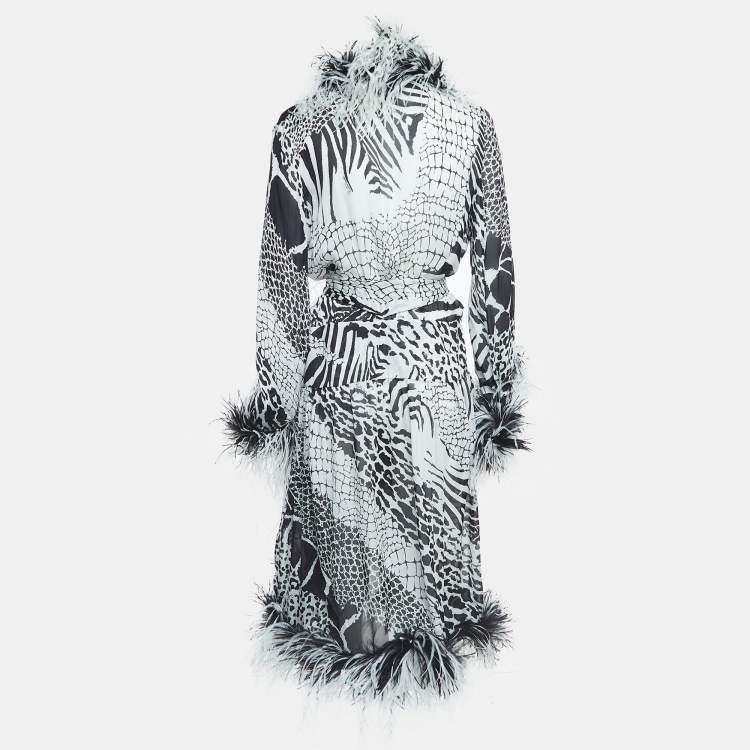Pre Owned Roberto Cavalli Black/White Ostrich Feather Trimmed Silk Midi Wrap Dress M