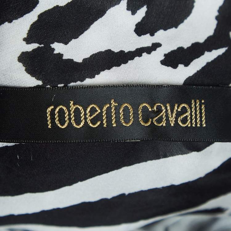 Pre Owned Roberto Cavalli Black/White Ostrich Feather Trimmed Silk Midi Wrap Dress M