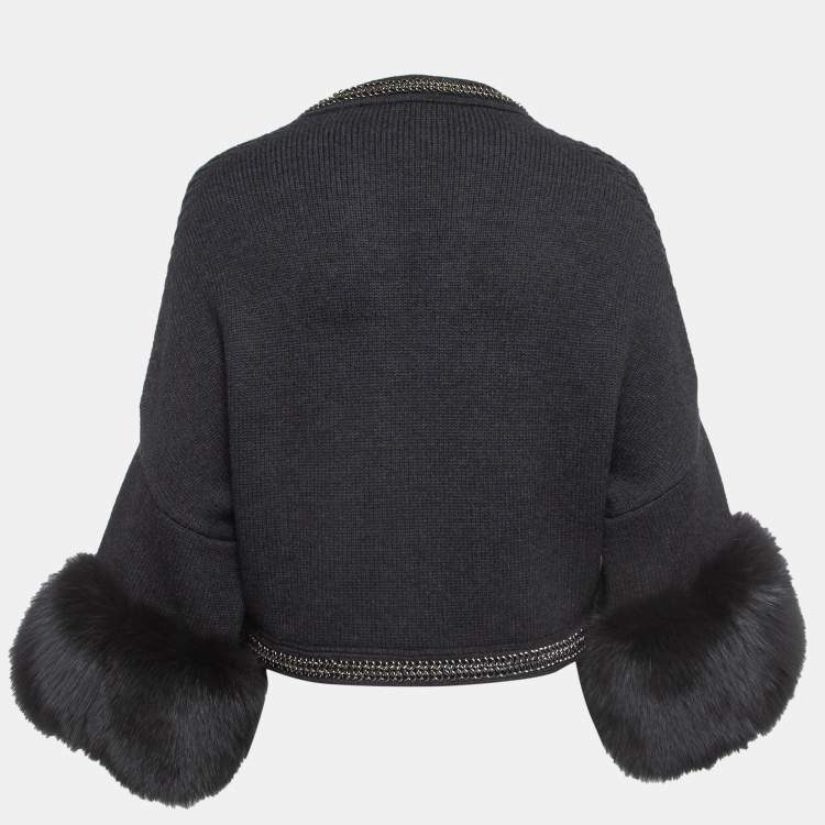 Pre Owned Roberto Cavalli Grey Fox Fur Trimmed Wool Blend Embellished Cardigan S