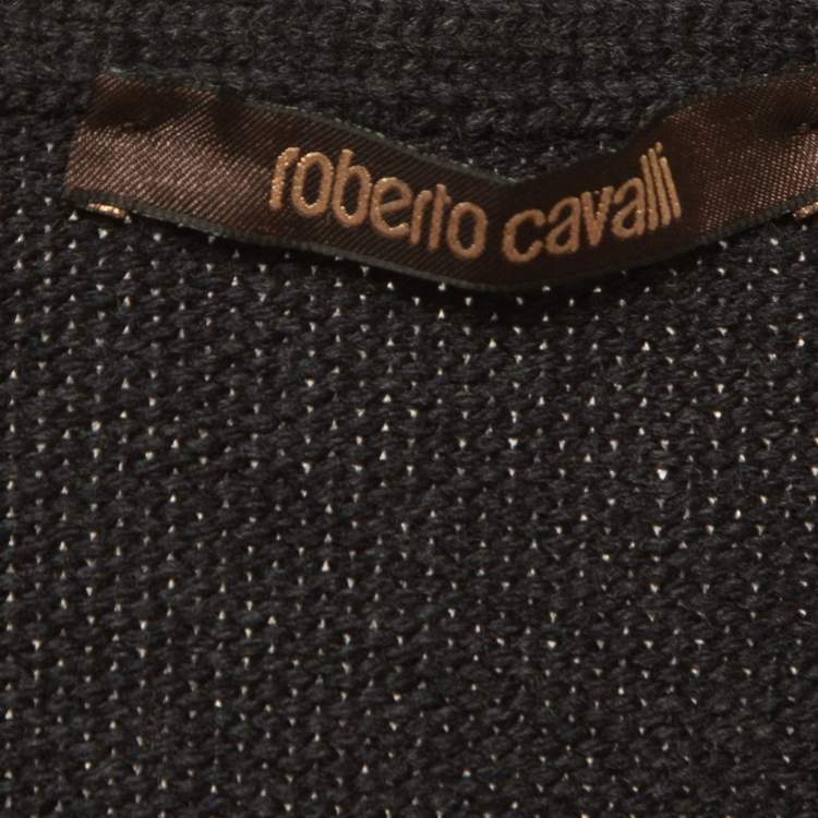 Pre Owned Roberto Cavalli Grey Fox Fur Trimmed Wool Blend Embellished Cardigan S
