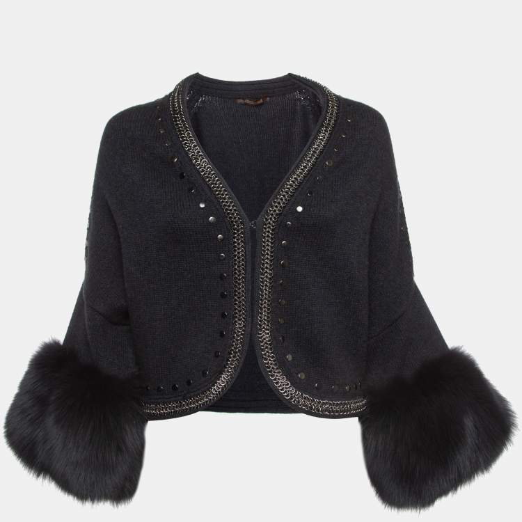 Pre Owned Roberto Cavalli Grey Fox Fur Trimmed Wool Blend Embellished Cardigan S