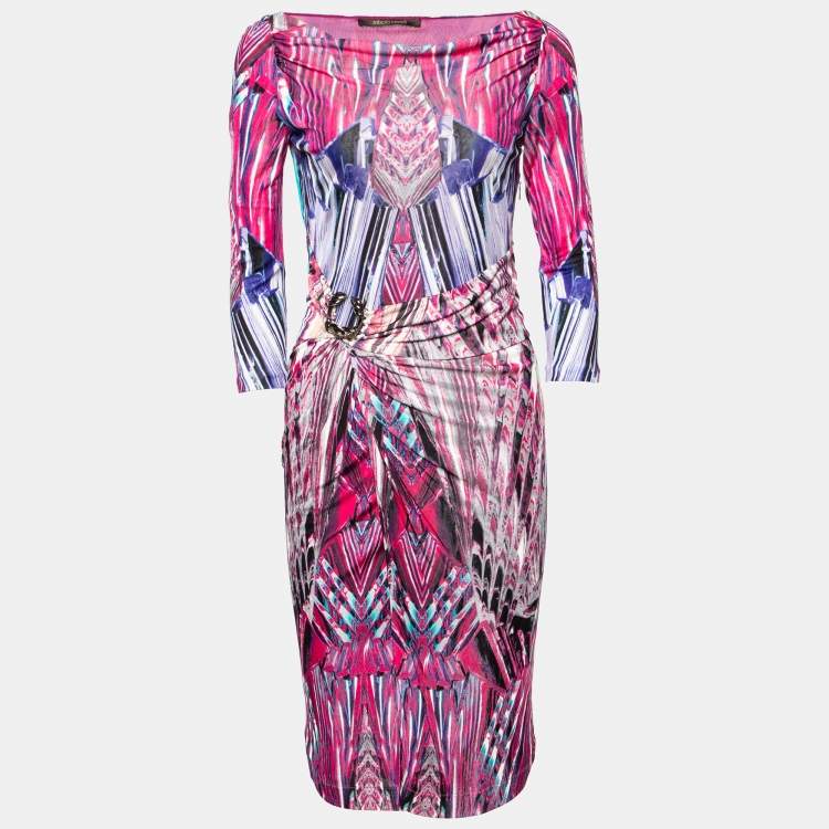 Pre Owned Roberto Cavalli Pink Marble Print Jersey Faux Wrap Dress S