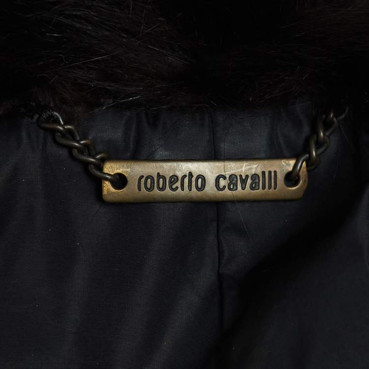 Pre Owned Roberto Cavalli Black Leather Trim Fur and Synthetic Belted Mid Length Coat S