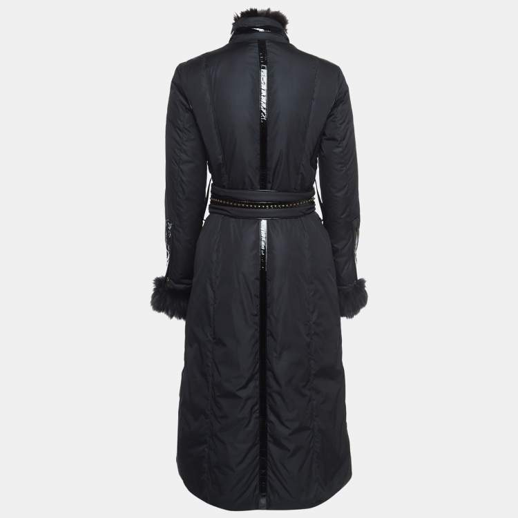 Pre Owned Roberto Cavalli Black Leather Trim Fur and Synthetic Belted Mid Length Coat S