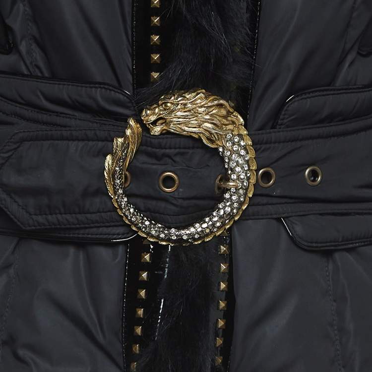 Pre Owned Roberto Cavalli Black Leather Trim Fur and Synthetic Belted Mid Length Coat S