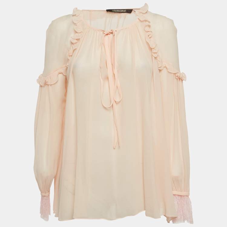 Pre Owned Roberto Cavalli Light Pink Silk Ruffled Long Sleeve Blouse M