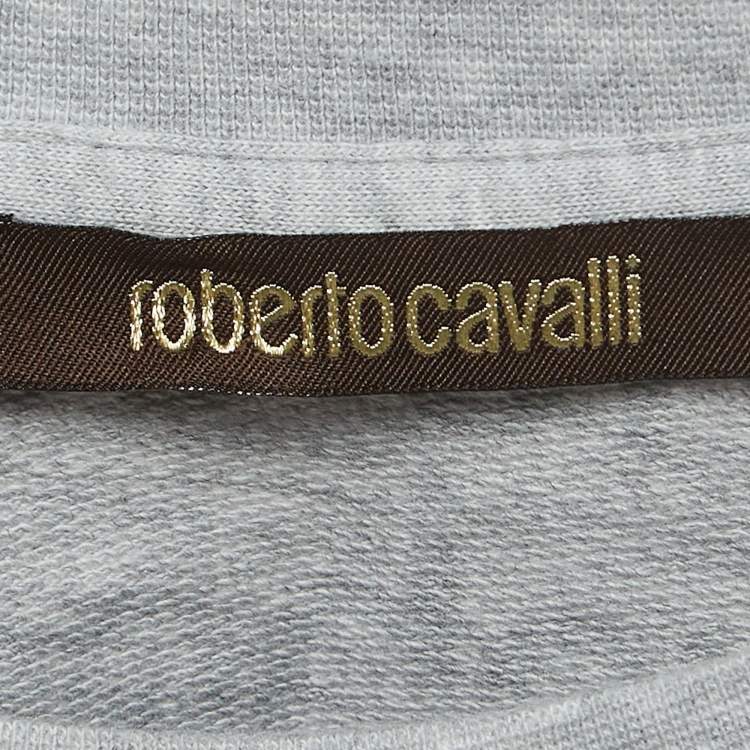 Pre Owned Roberto Cavalli Grey Logo Print Cotton Crew Neck Sweatshirt L