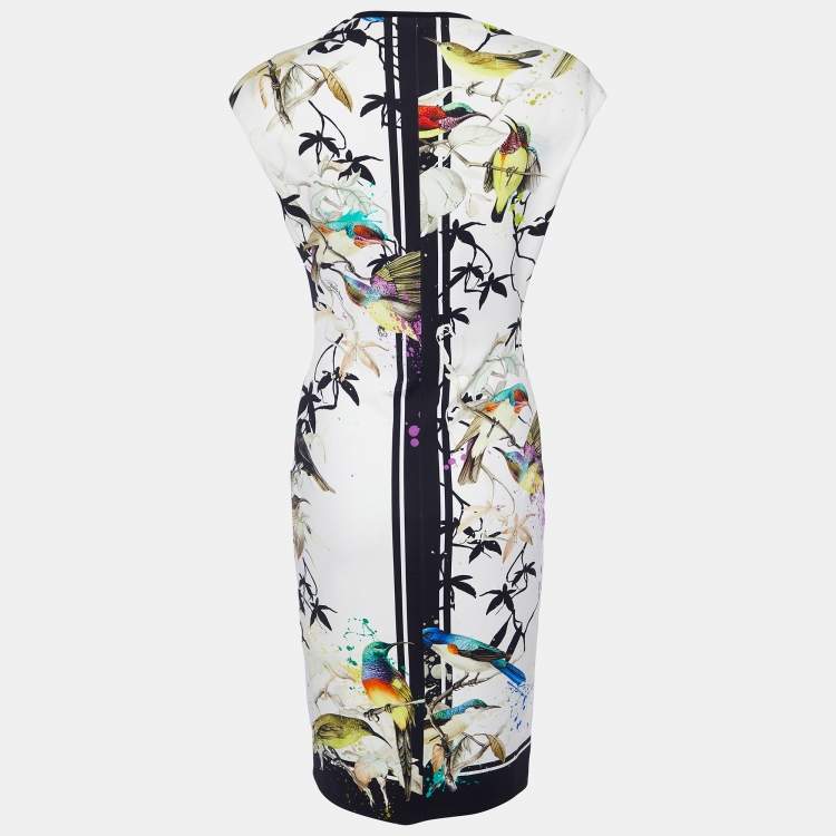 Pre Owned Roberto Cavalli White Floral Bird Print Crepe Sheath Dress M