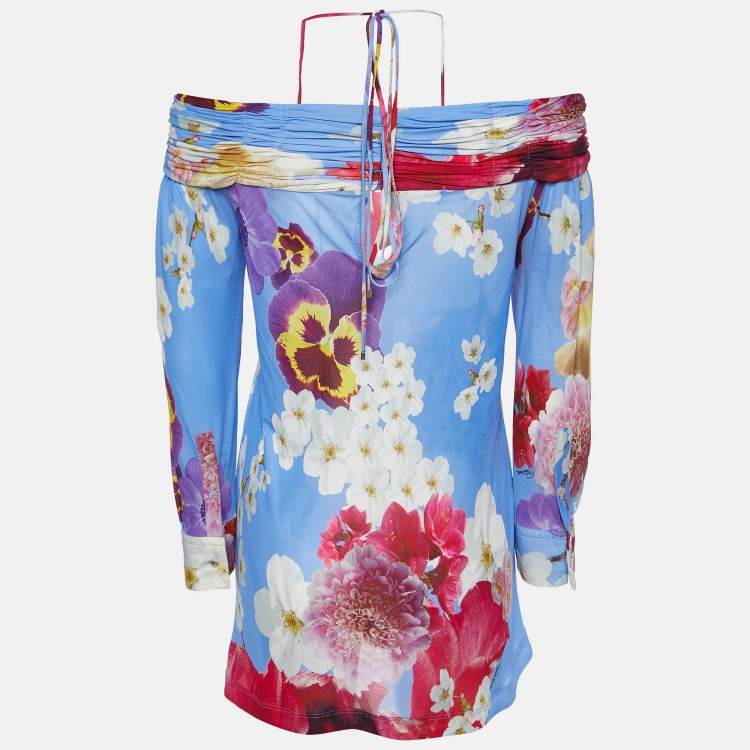 Pre Owned Roberto Cavalli Blue Floral Print Knit Off-The-Shoulder Top M