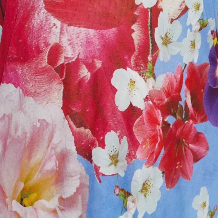 Pre Owned Roberto Cavalli Blue Floral Print Knit Off-The-Shoulder Top M