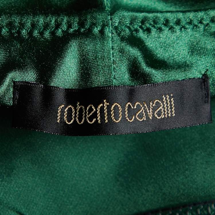 Pre Owned Roberto Cavalli Green Silk Satin Asymmetric Hem Skirt M