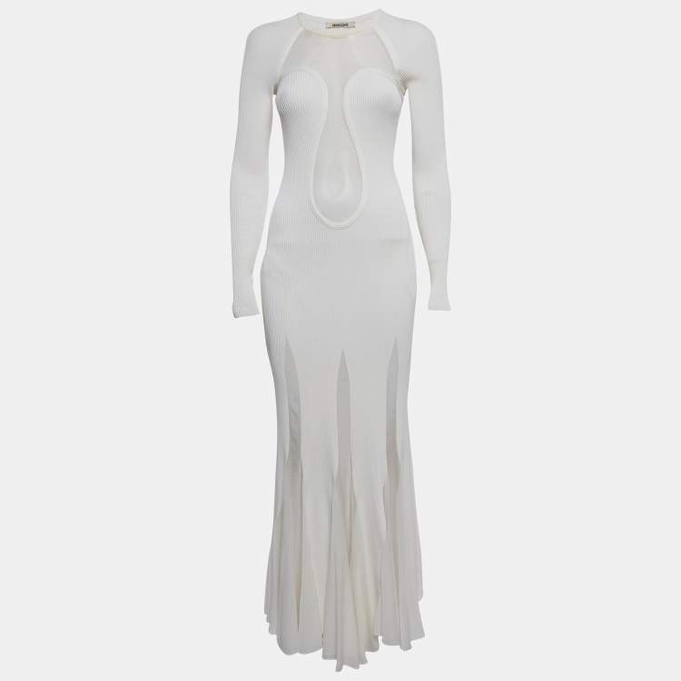 Pre Owned Roberto Cavalli White Mesh Panelled Rib Knit Flared Maxi Dress S