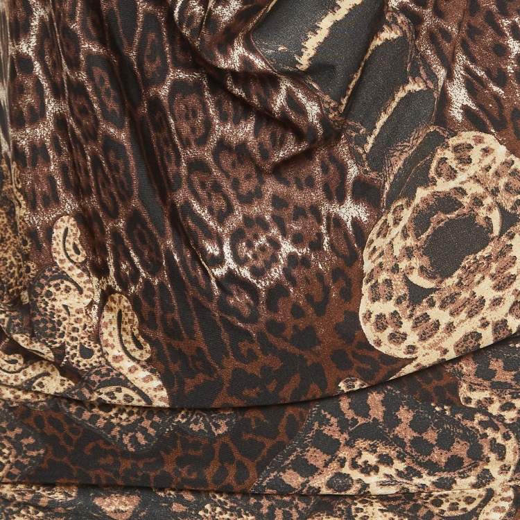 Pre Owned Roberto Cavalli Brown Animal Print Jersey Halter Neck Ruched Maxi Dress S