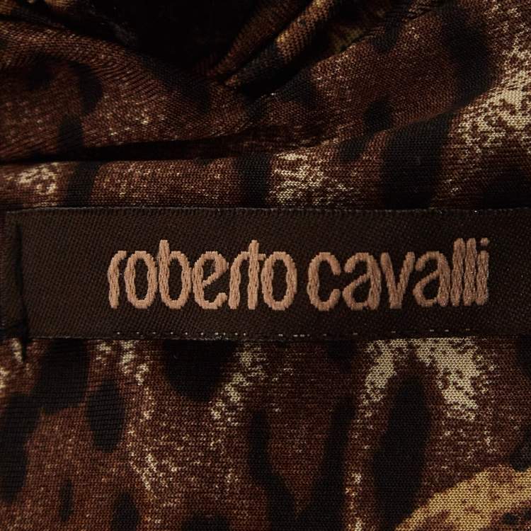 Pre Owned Roberto Cavalli Brown Animal Print Jersey Halter Neck Ruched Maxi Dress S