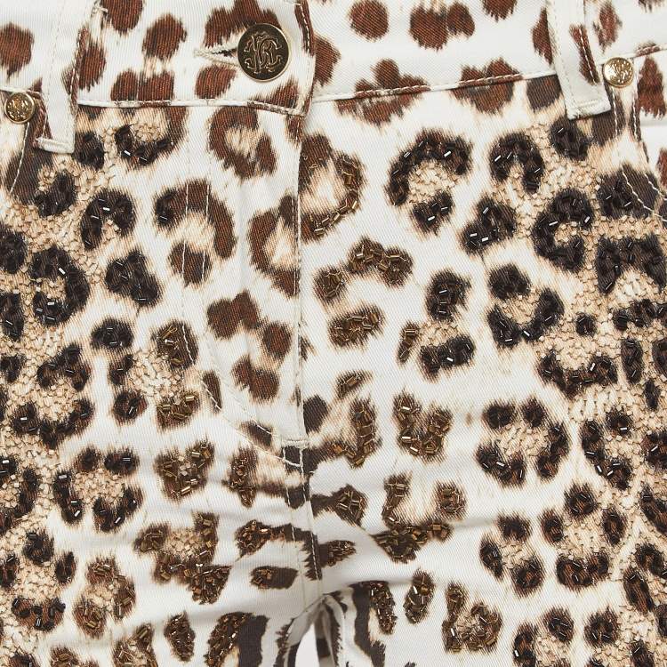 Pre Owned Roberto Cavalli Brown Leopard Print Cotton Beads embroidered Flared Jeans S Waist 29''