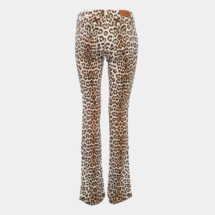 Pre Owned Roberto Cavalli Brown Leopard Print Cotton Beads embroidered Flared Jeans S Waist 29''