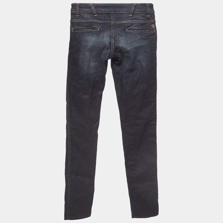 مملوكة مسبقًا Roberto Cavalli Navy Blue Faded Denim Lace-Ip Detail Jeans S Waist 27''