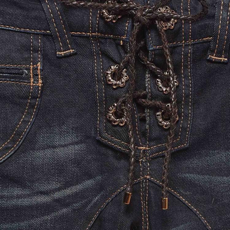 مملوكة مسبقًا Roberto Cavalli Navy Blue Faded Denim Lace-Ip Detail Jeans S Waist 27''