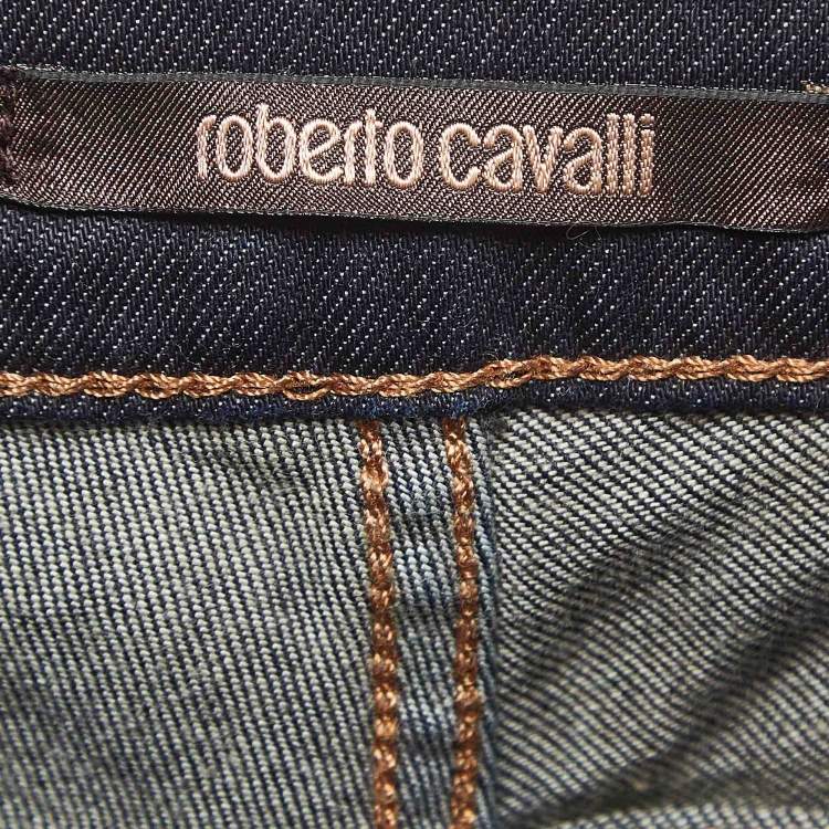 مملوكة مسبقًا Roberto Cavalli Navy Blue Faded Denim Lace-Ip Detail Jeans S Waist 27''