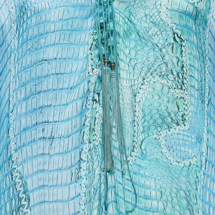 Pre Owned Roberto Cavalli Blue Snake Print Silk Lace-Up Neck Kaftan Top M