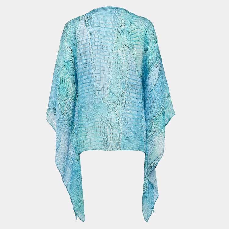 Pre Owned Roberto Cavalli Blue Snake Print Silk Lace-Up Neck Kaftan Top M
