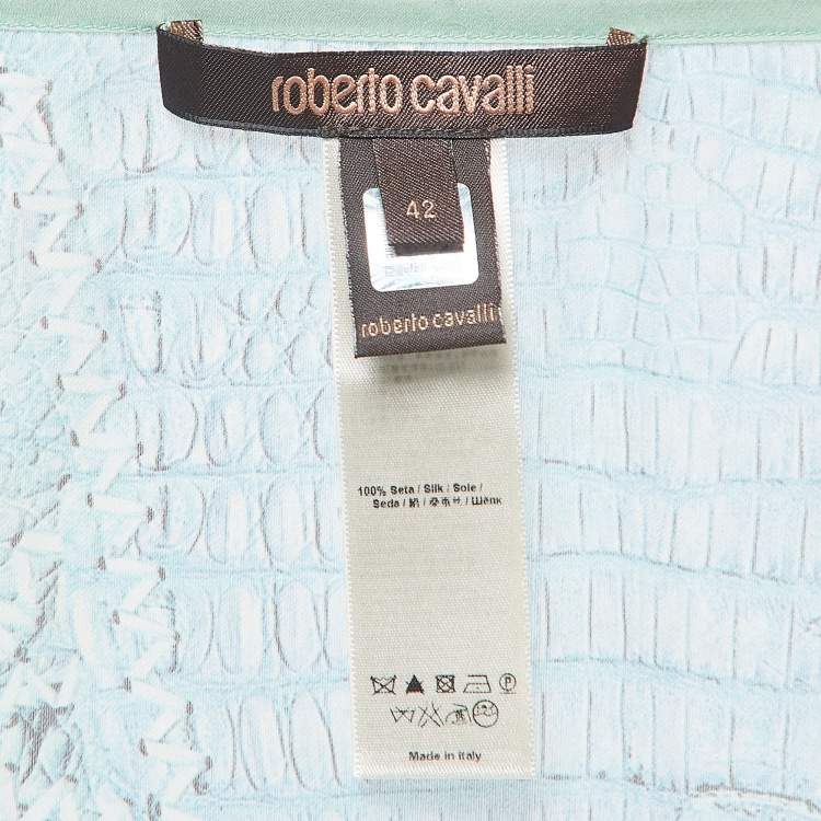 Pre Owned Roberto Cavalli Blue Snake Print Silk Lace-Up Neck Kaftan Top M
