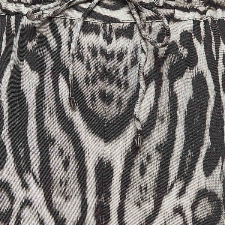 Pre Owned Roberto Cavalli Black Leopard Print Silk Drawstring Waist Trousers M