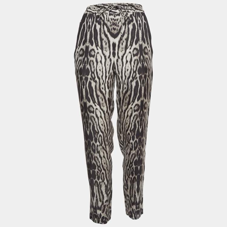 Pre Owned Roberto Cavalli Black Leopard Print Silk Drawstring Waist Trousers M