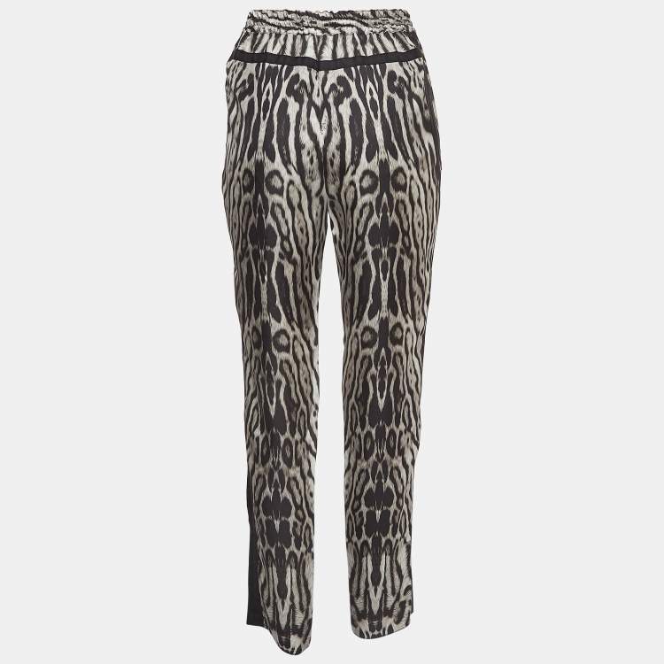 Pre Owned Roberto Cavalli Black Leopard Print Silk Drawstring Waist Trousers M