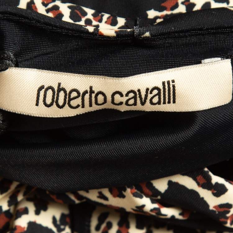 Pre Owned Roberto Cavalli Brown/Black Leopard Print Jersey Asymmetric Midi Dress