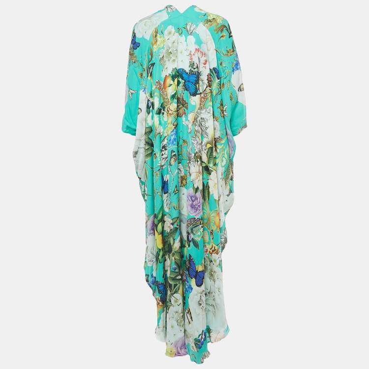 Pre Owned Roberto Cavalli Green Floral Print Silk Kaftan Wrap Dress S