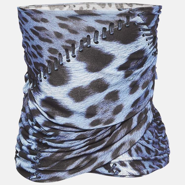 Pre Owned Roberto Cavalli Blue Leopard Print Ruched Strapless Top S