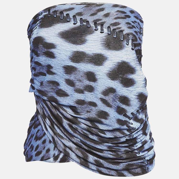 Pre Owned Roberto Cavalli Blue Leopard Print Ruched Strapless Top S