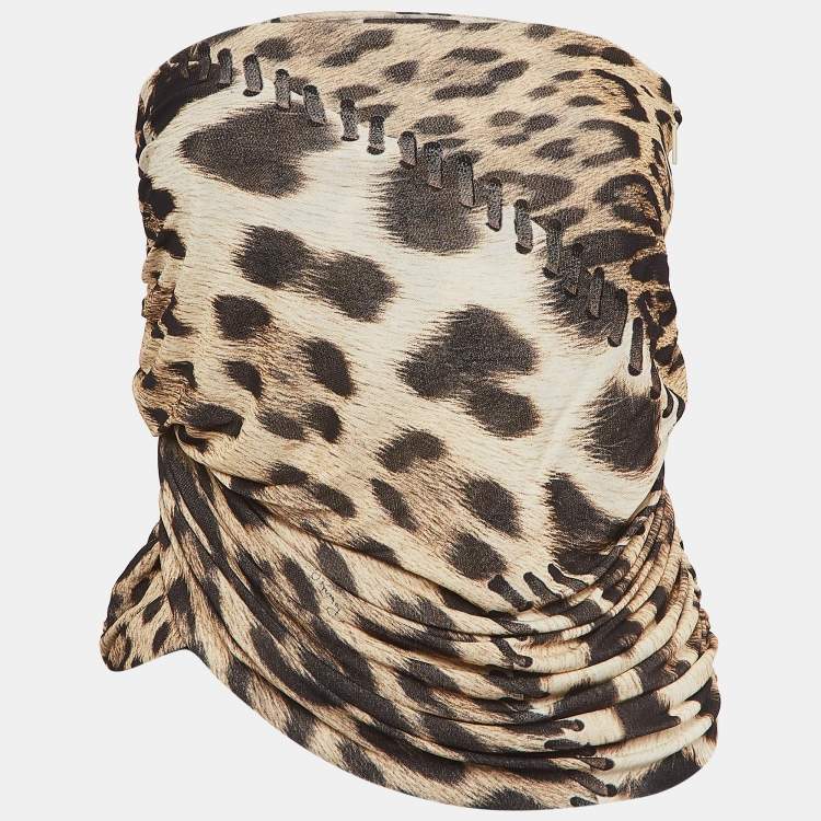 Pre Owned Roberto Cavalli Brown Leopard Print Ruched Strapless Top S