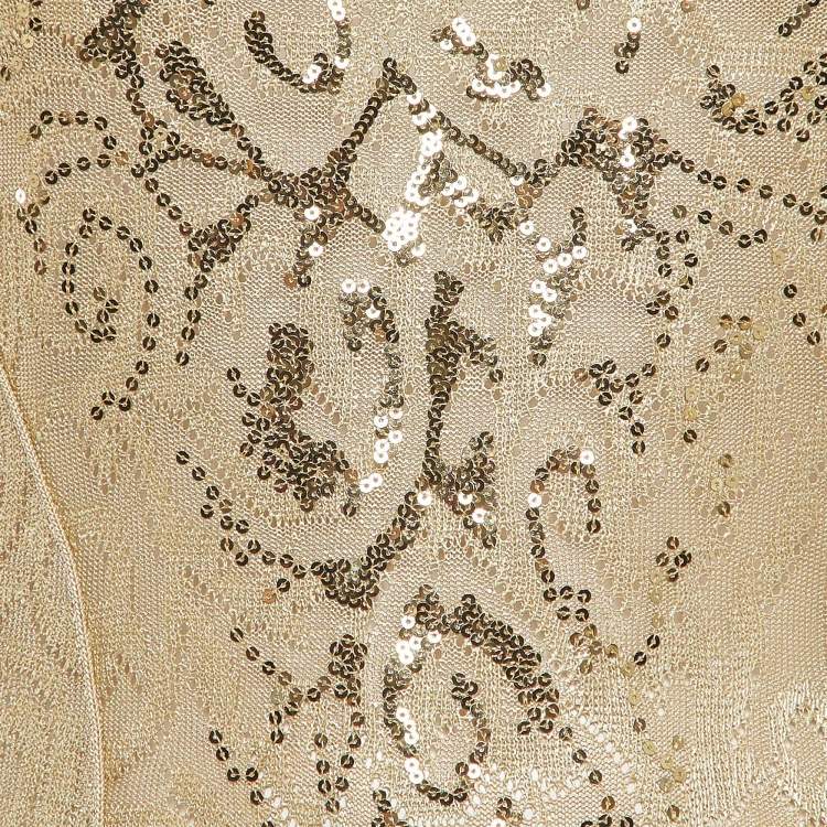 Pre Owned Roberto Cavalli Gold Knit and Silk Sequin Embellished Pleated Dress S
