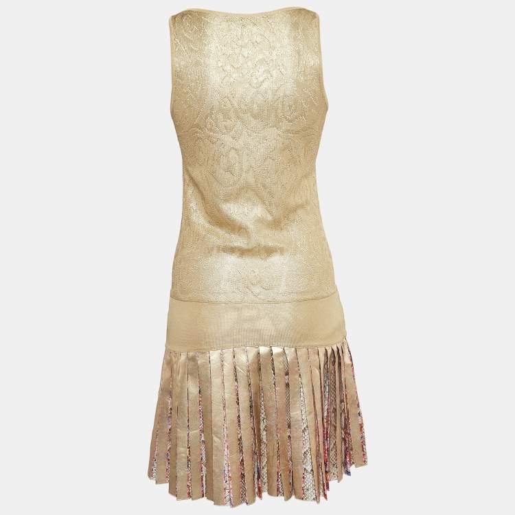 Pre Owned Roberto Cavalli Gold Knit and Silk Sequin Embellished Pleated Dress S