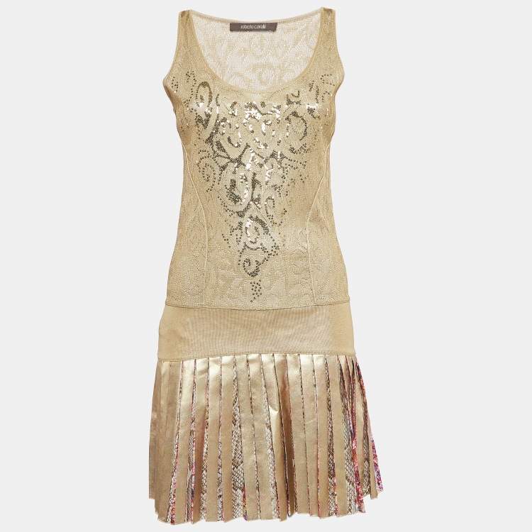 Pre Owned Roberto Cavalli Gold Knit and Silk Sequin Embellished Pleated Dress S