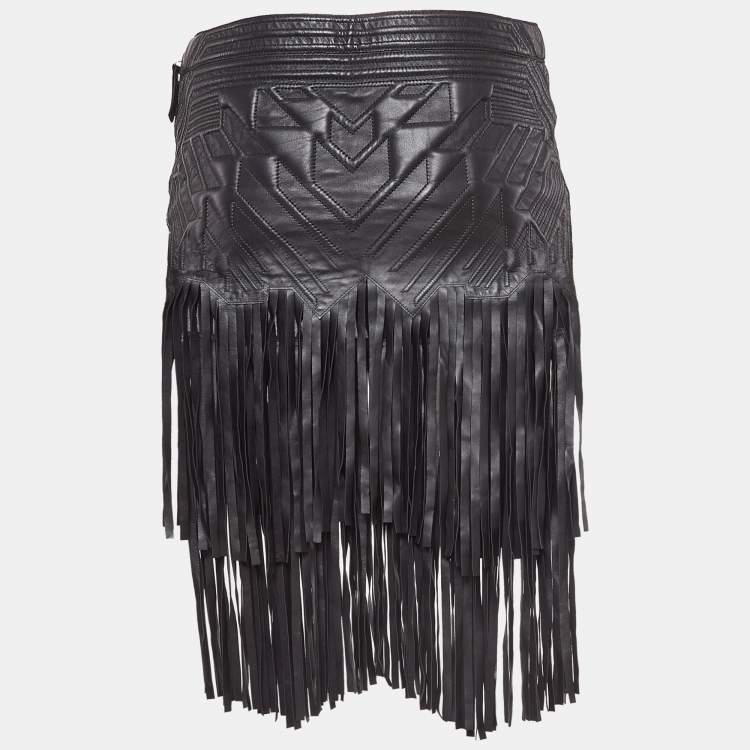 Pre Owned Roberto Cavalli Black Embossed Leather Fringed Skirt S